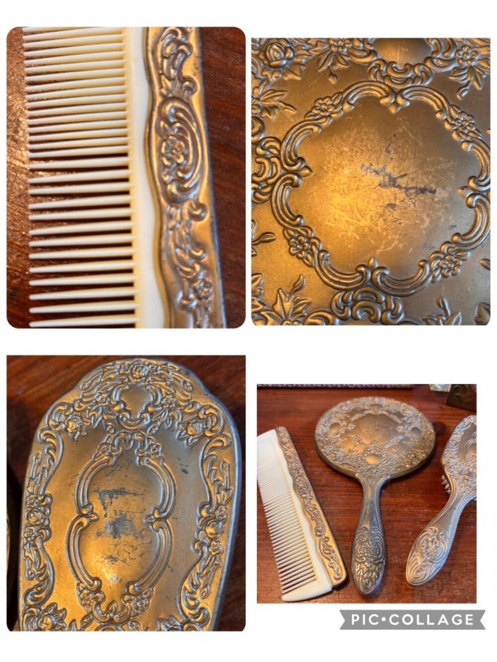Victorian Silver Plate 3 Pc Vanity Set Mirror Brush & Comb Ornate Design Patina - Picture 3 of 16